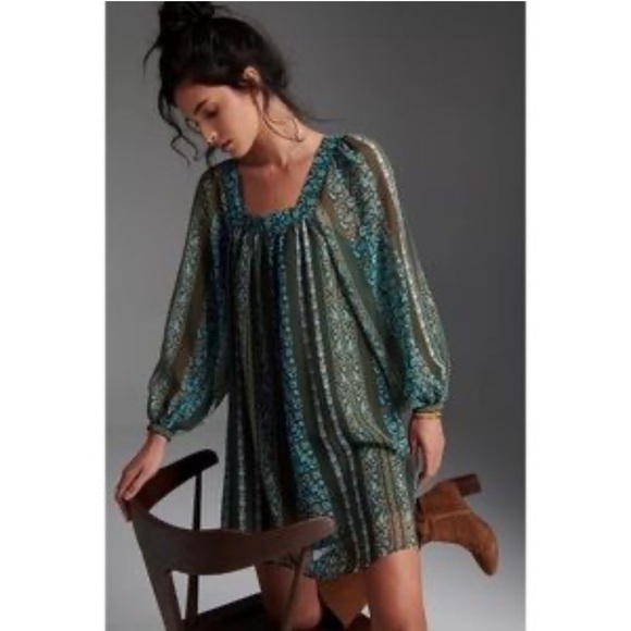 ANTHROPOLOGY SONIA TUNIC DRESS SZ XSP GREEN BLUE SHEER SLEEVES BOHO PEASANT - Picture 10 of 11